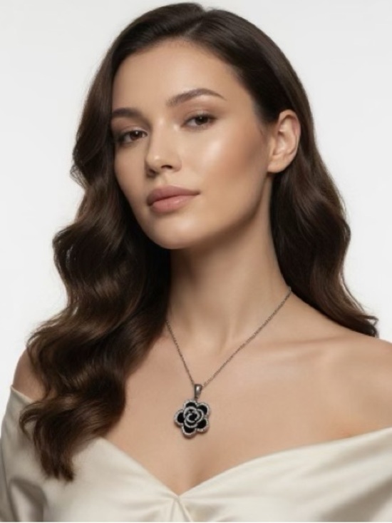 Designer Jewelry - Black Camellias Flower Luxury Style Crystal Accents Necklace